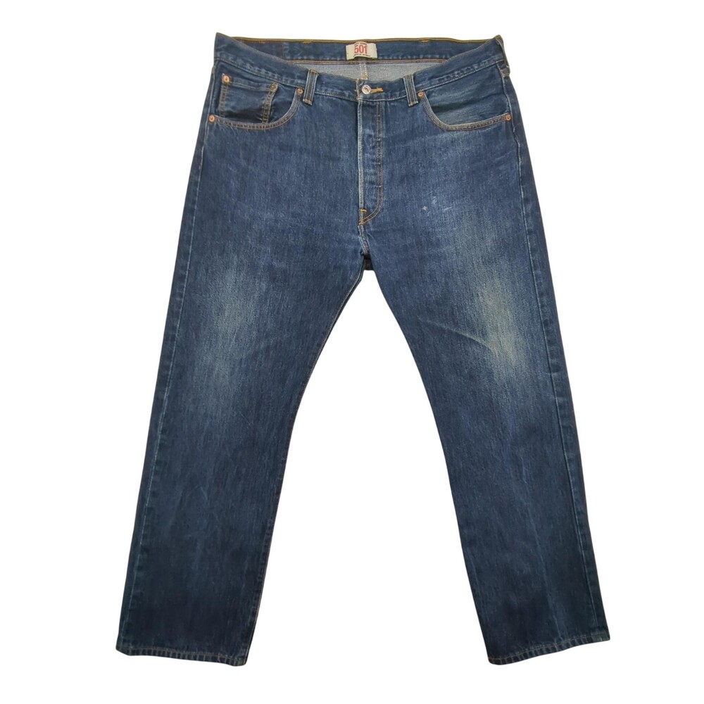 Levis 501 Jeans Mens 38x30 Button Fly Straight Leg Blue Denim Distressed Classic